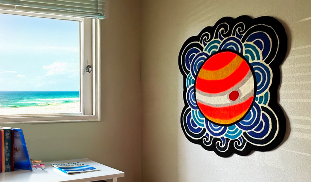 Decorative Rug Art, depicting Jupiter with Cosmic Waves around it.  